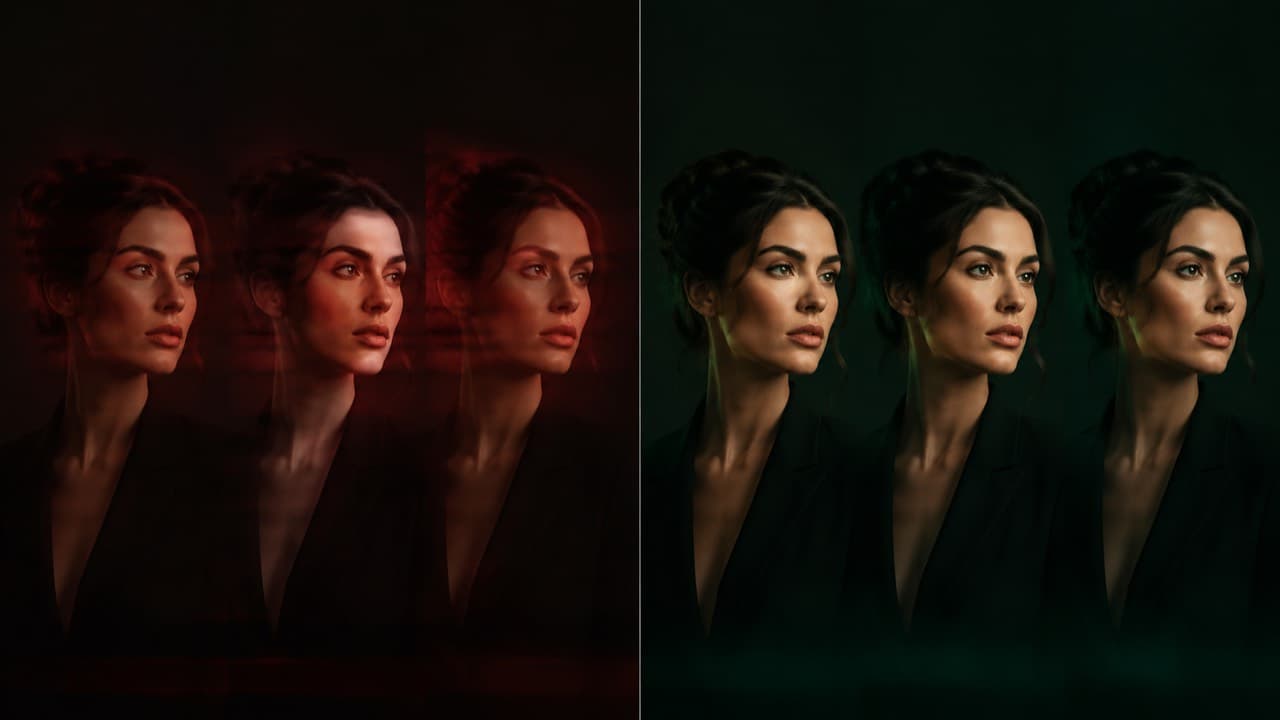 Side-by-side: three faces drifting on the left, three identical faces locked on the right