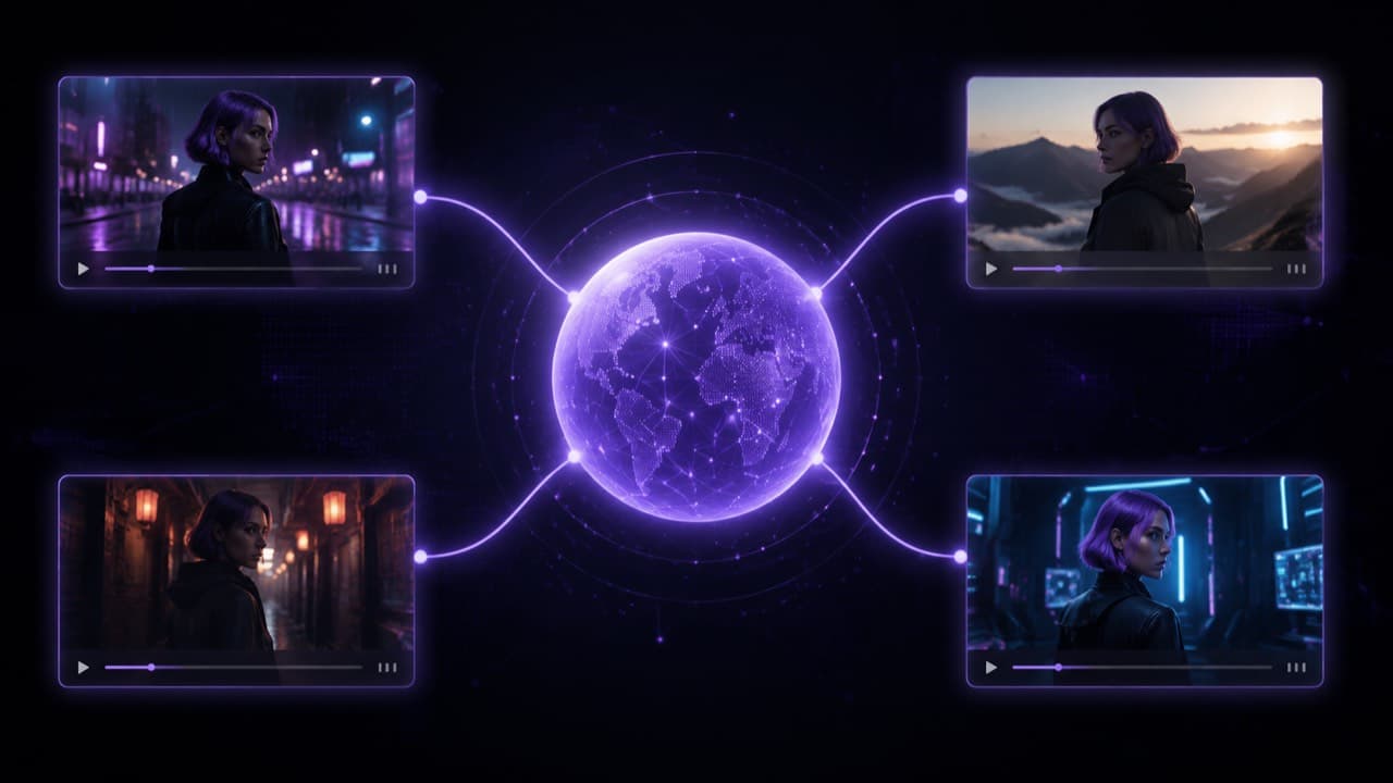 A central global context node connected to four clip frames around it