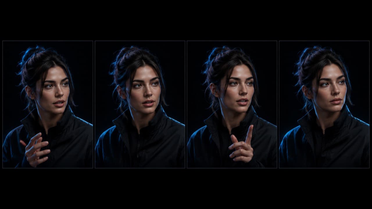 Same fictional AI character across four sequential video frames with identity perfectly preserved