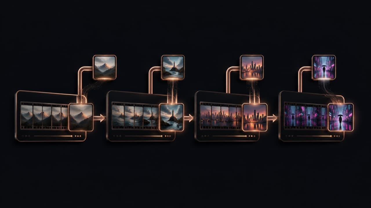 Sequence of four video frames connected by glowing rose-gold lines showing last-frame chaining